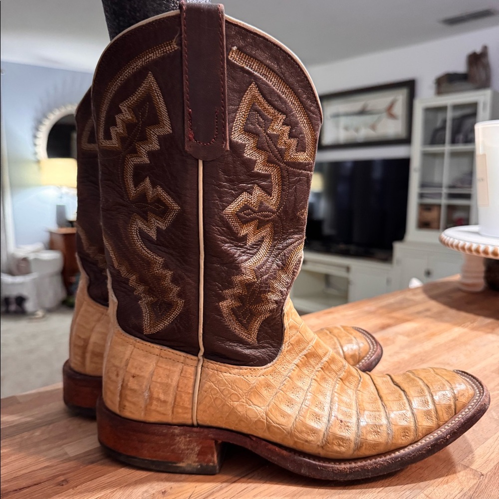 Logan’s cream caiman belly square toe boots